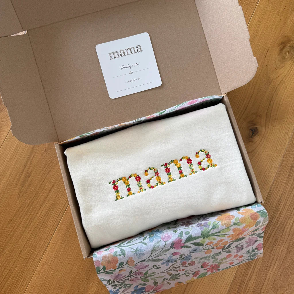 pulover mama z vezenjem v vzorčni barvi poletje v darilnem pakiranju s posvetilom
